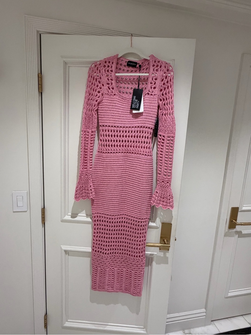 Retrofete Pink Crochet Knit Long-Sleeve Midi Dress size small stretchy - Picture 4 of 5